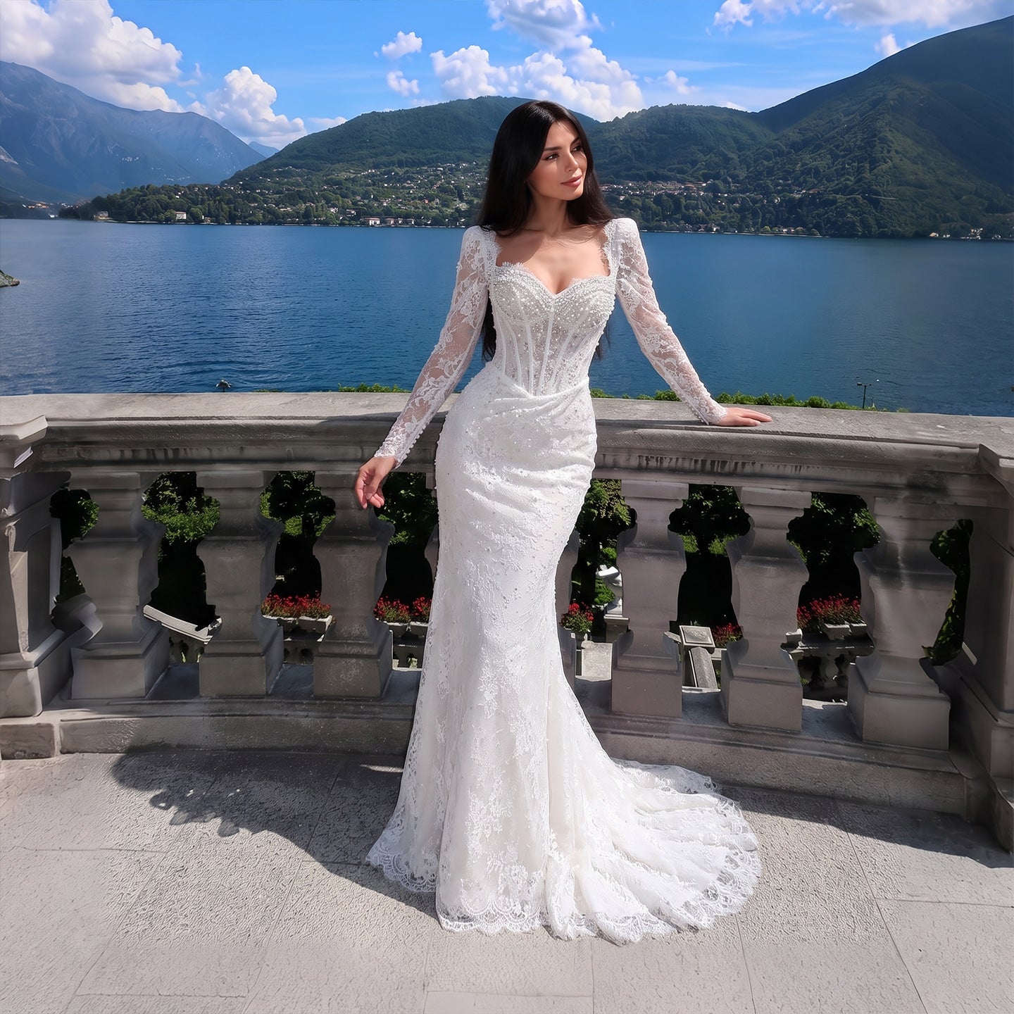 White Boho Romantic Lace Mermaid Wedding Dress Beaded Sequins With Lace Train SW627 Sheer Fairy