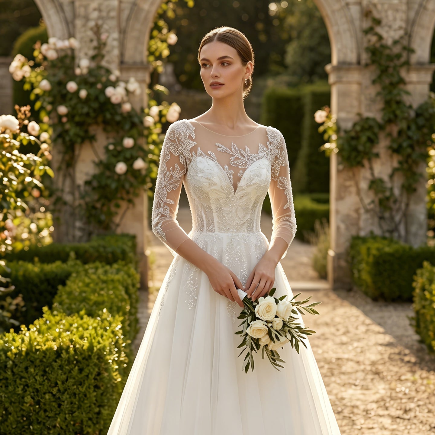 Illusion Neck Long Sleeve Lace A-Line Wedding Dress with Corset Lace-Up Back & Train SW709 Sheer Fairy