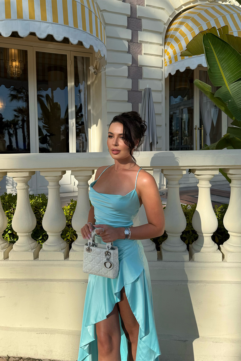 Aqua Blue Satin Backless Evening Dress Cowl Neck Asymmetric High Slit Prom Gown RM257 Sheer Fairy