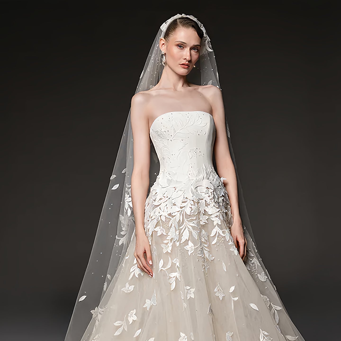 Romantic Floral Leaf Lace A-Line Champagne Wedding Dress with Cathedral Train & Veil SW665 Sheer Fairy