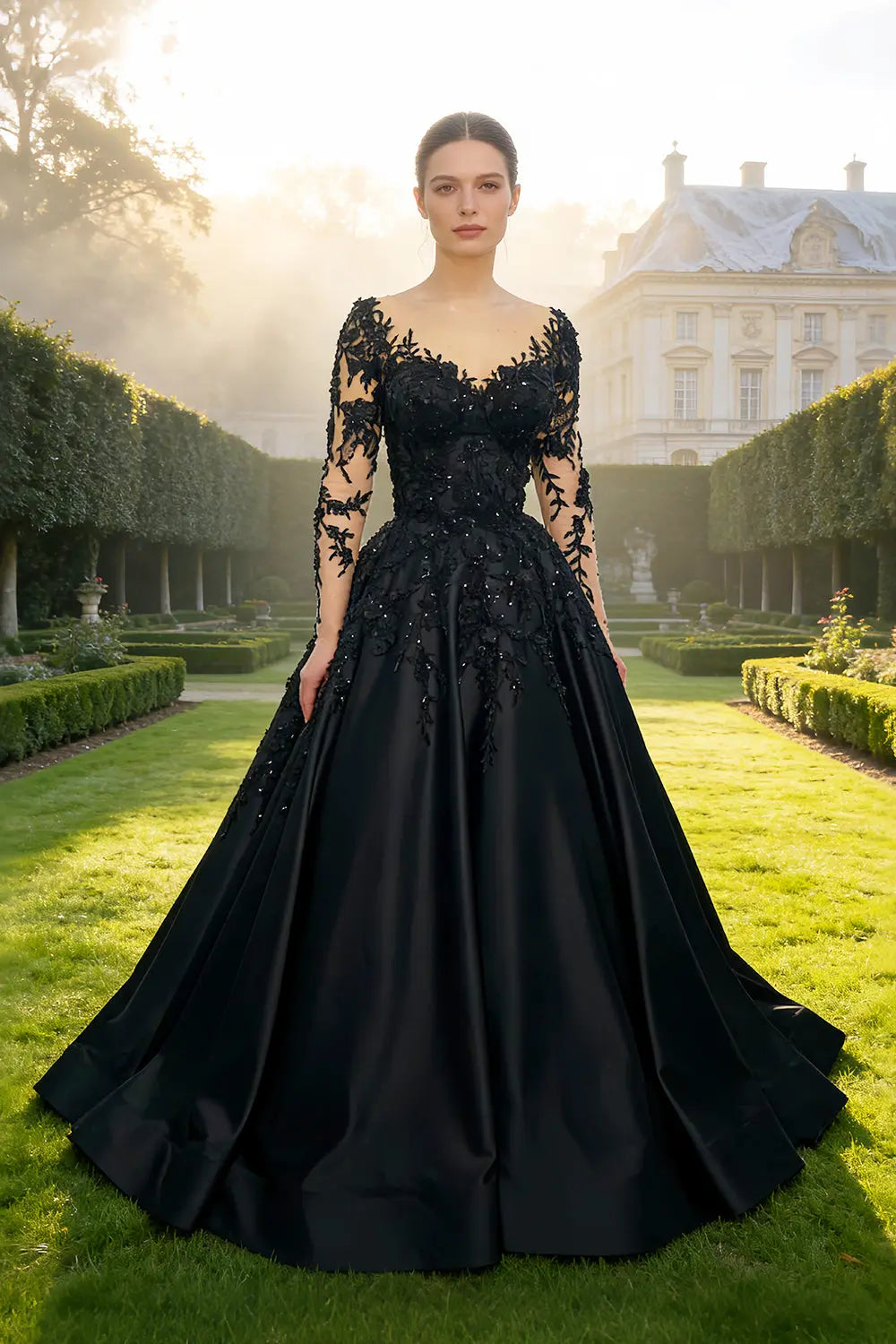 Black Satin Ballgown Wedding Dress with Illusion Lace V-Neck SW559 Sheer Fairy