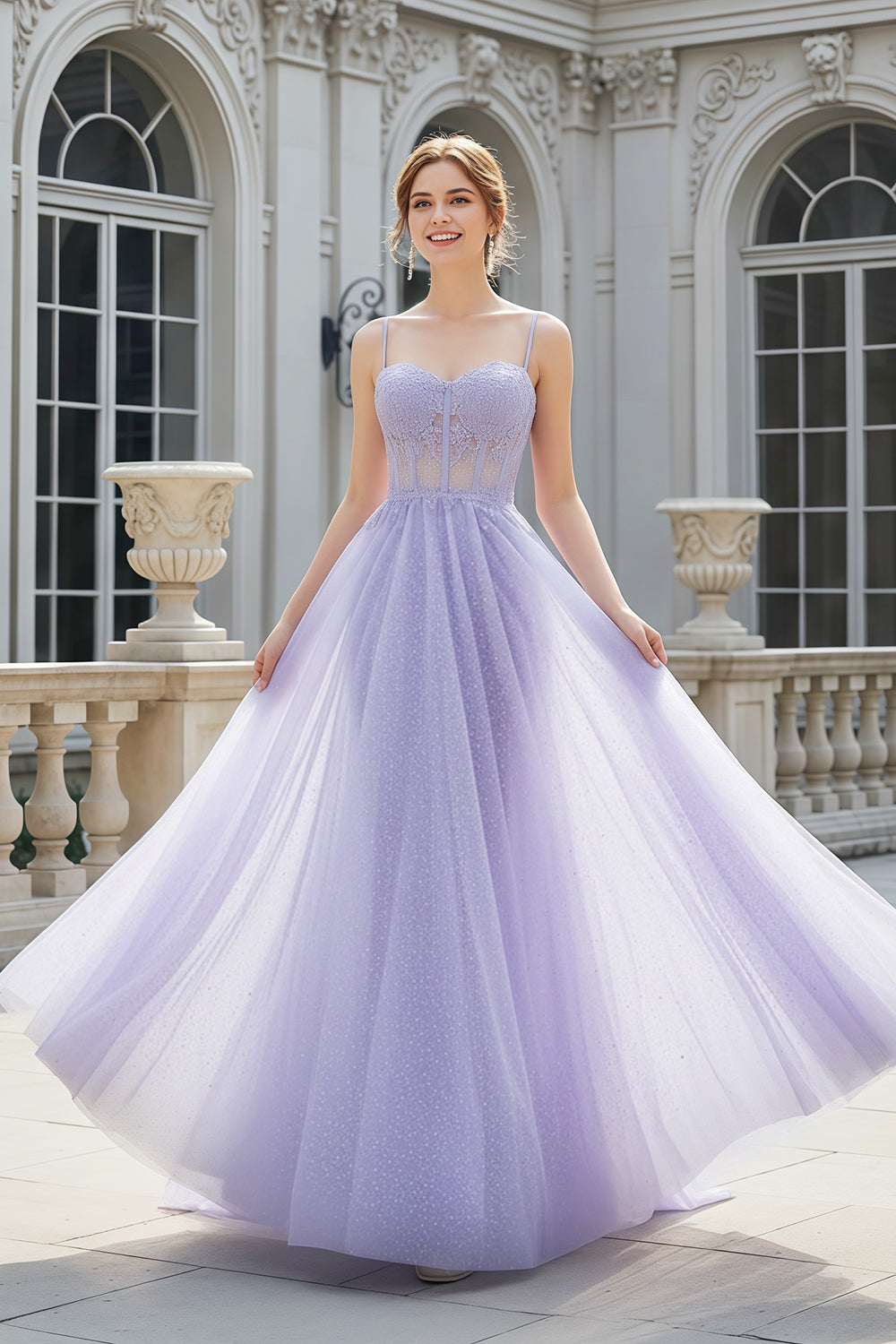 Lilac Glitter Tulle Strapless Sweetheart A-Line Prom Dress SH256 Sheer Fairy