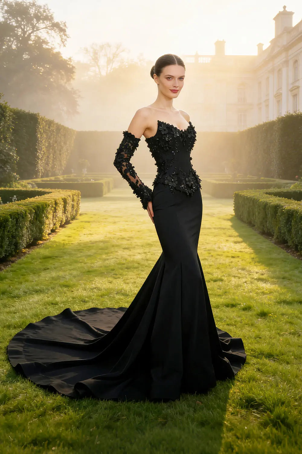 Black Gothic Off-Shoulder Mermaid Wedding Dress with Long Sleeves SW553 Sheer Fairy