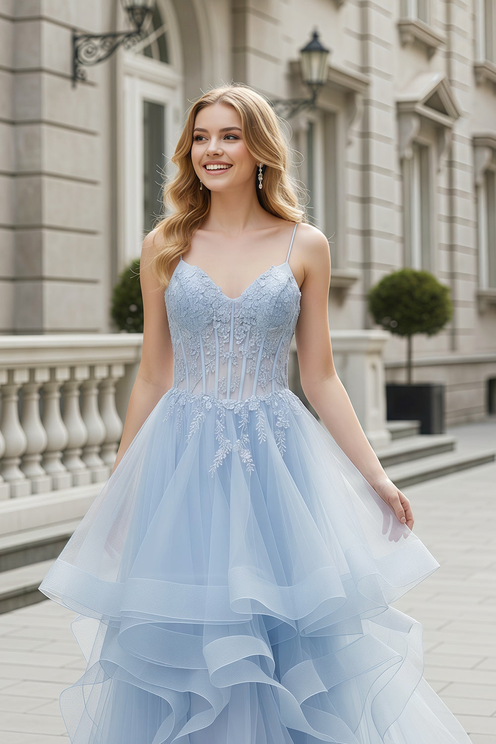 Light Blue Tiered Ruffled Tulle Ballgown Prom Dress SH255 Sheer Fairy