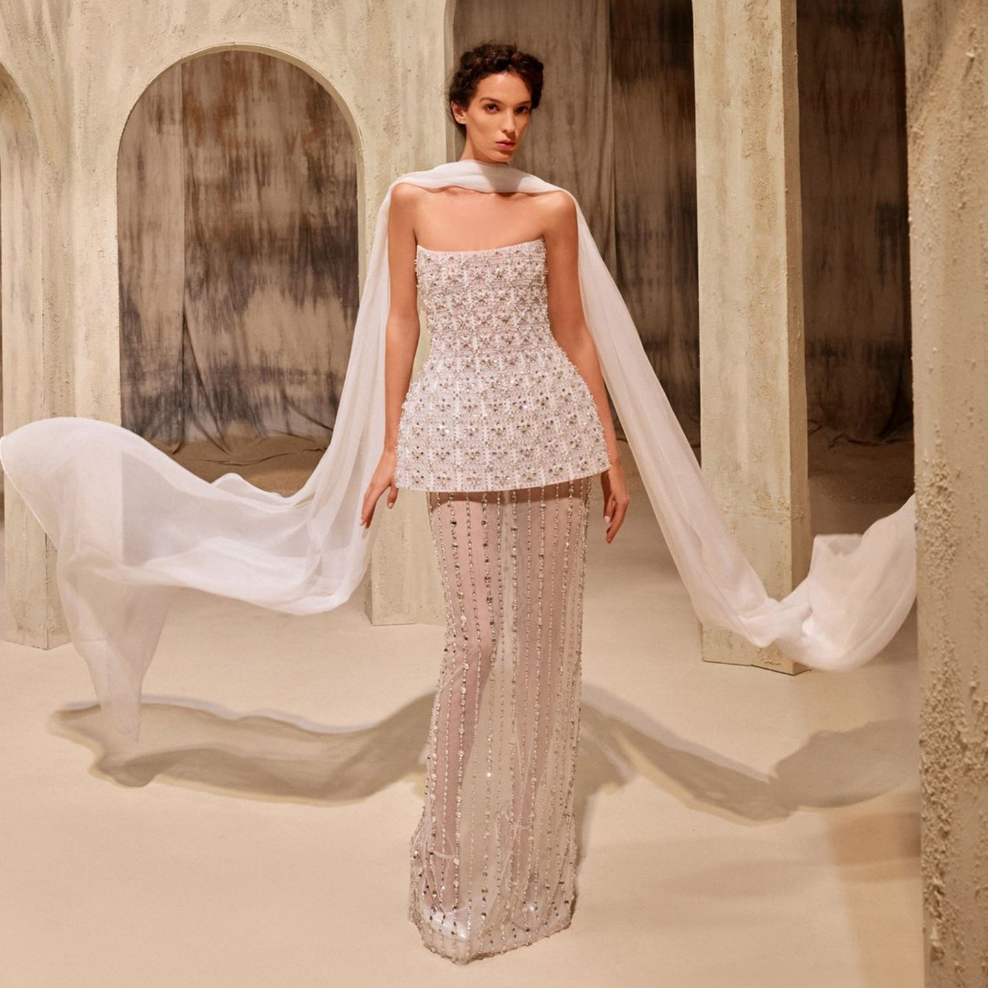 White Sequin Two-Piece Peplum Evening Dress with Scarf SS545 Sheer Fairy