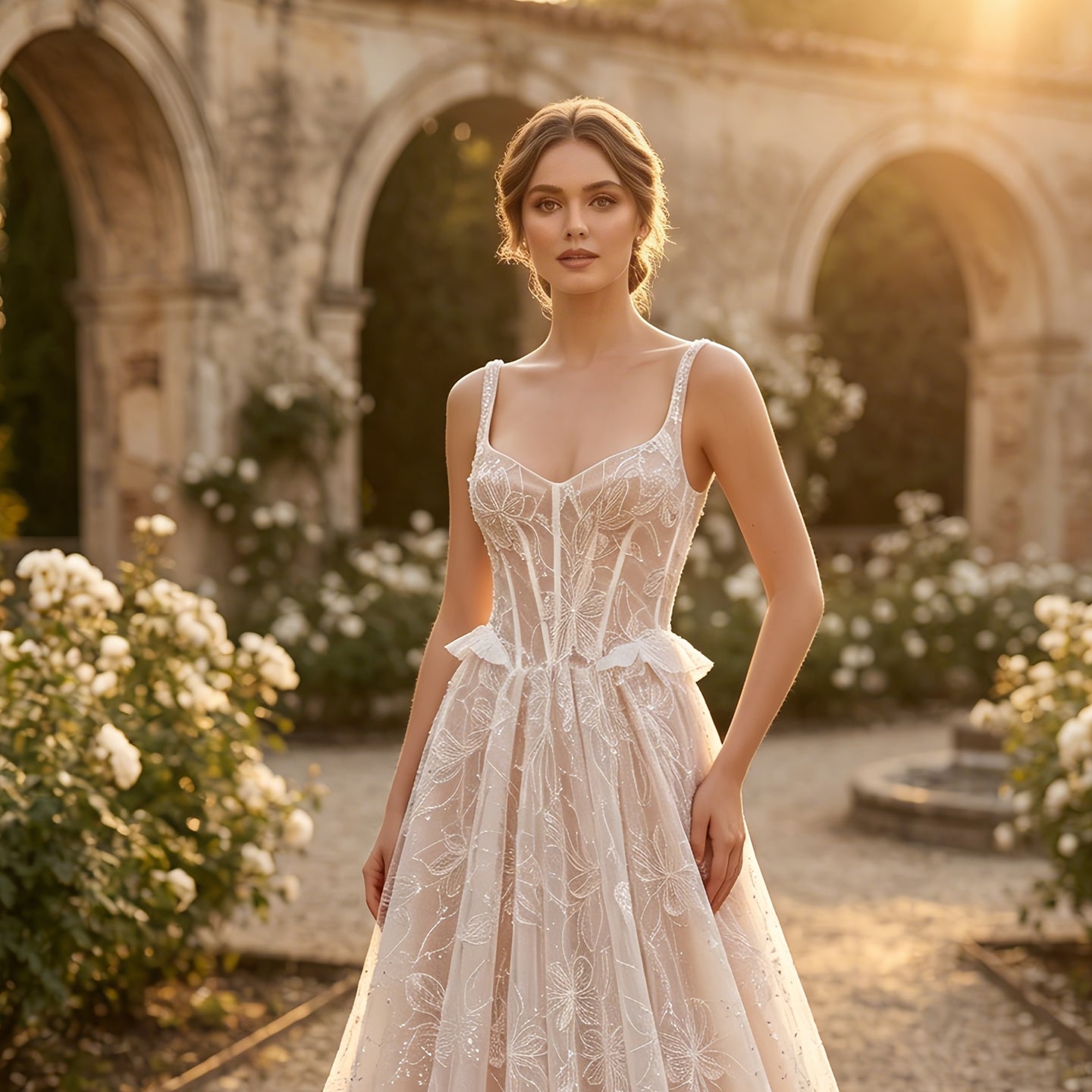 Elegant Beaded Lace Wedding Dress with Peplum Waist, Corset Back & Cathedral Train  SW706 Sheer Fairy