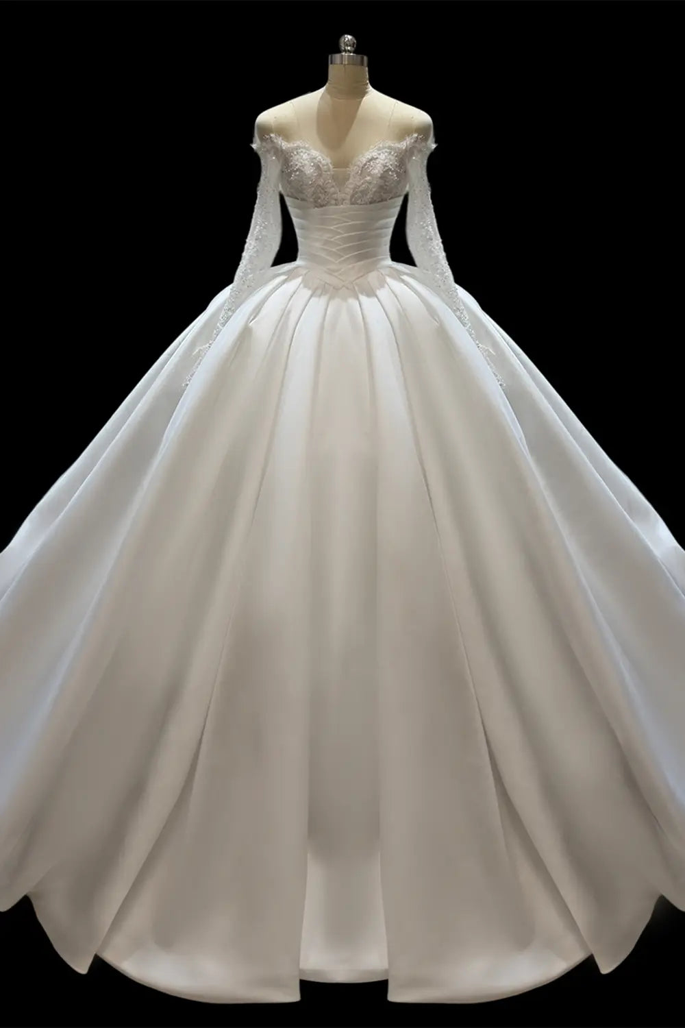 Ivory Satin Long Sleeve Off Shoulder Wedding Dress SW688 Sheer Fairy
