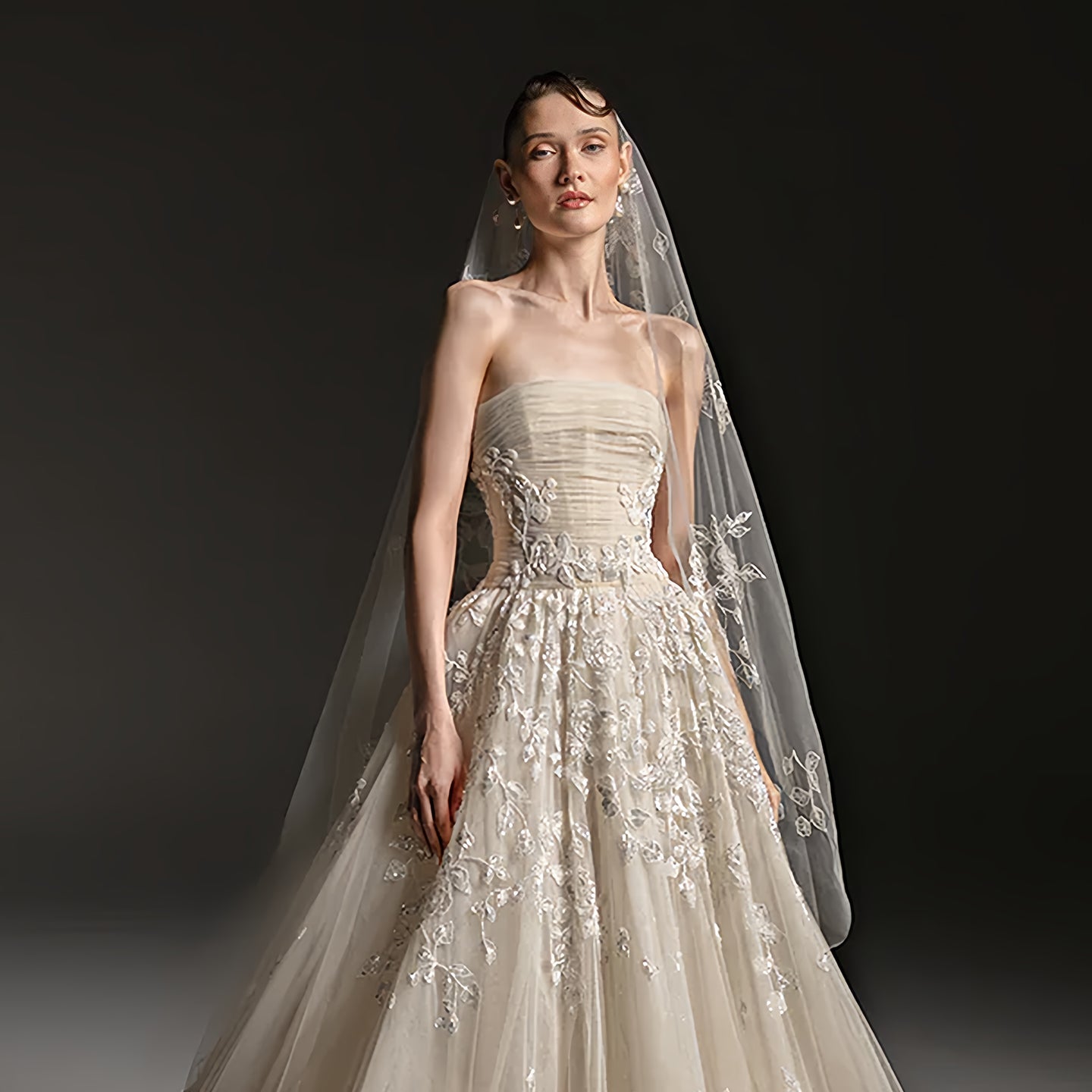 Elegant Champagne A-Line 3D Floral Wedding Dress with Veil SW664 Sheer Fairy