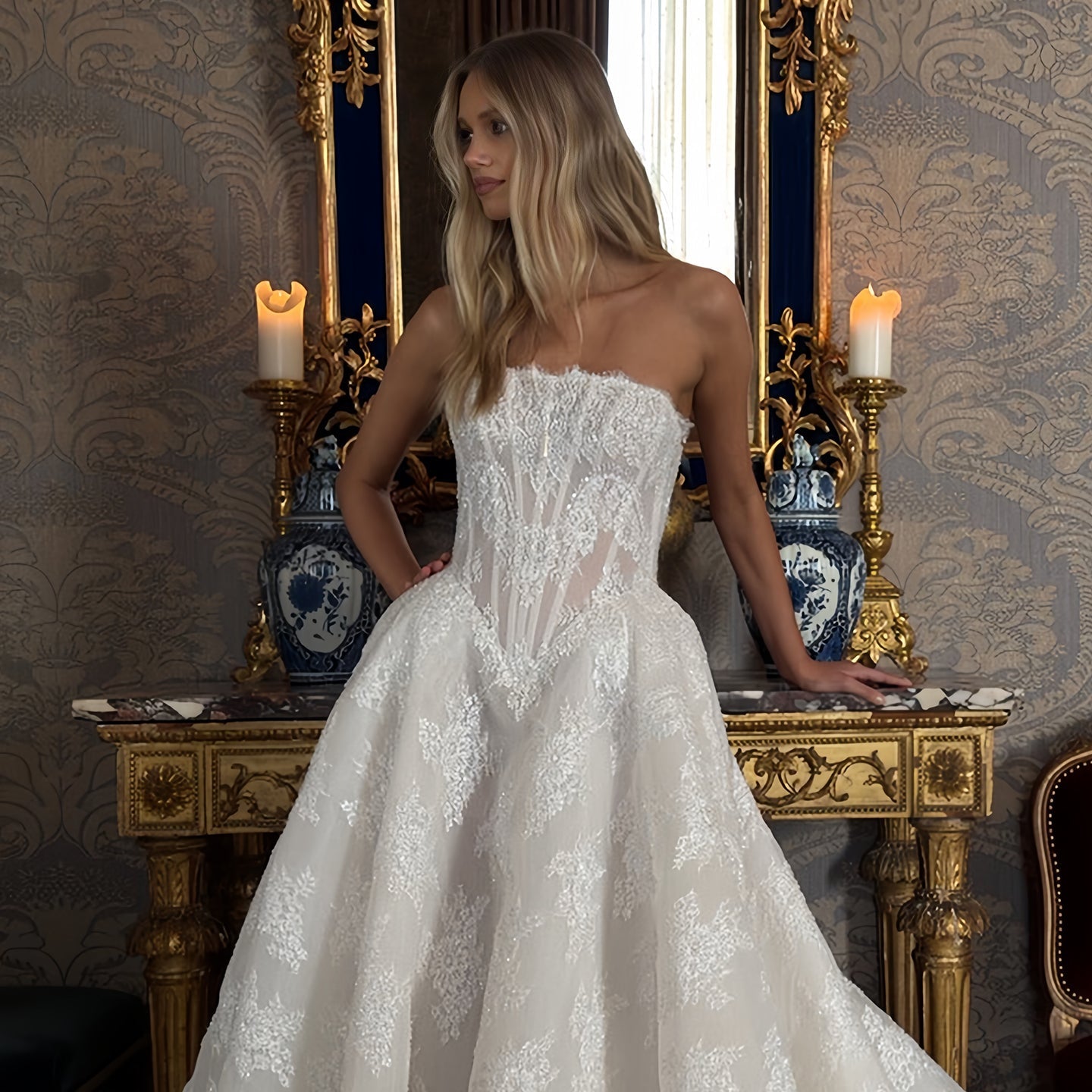Illusion Corset Bodice with Appliqué Tulle Chapel Train SW214 Sheer Fairy