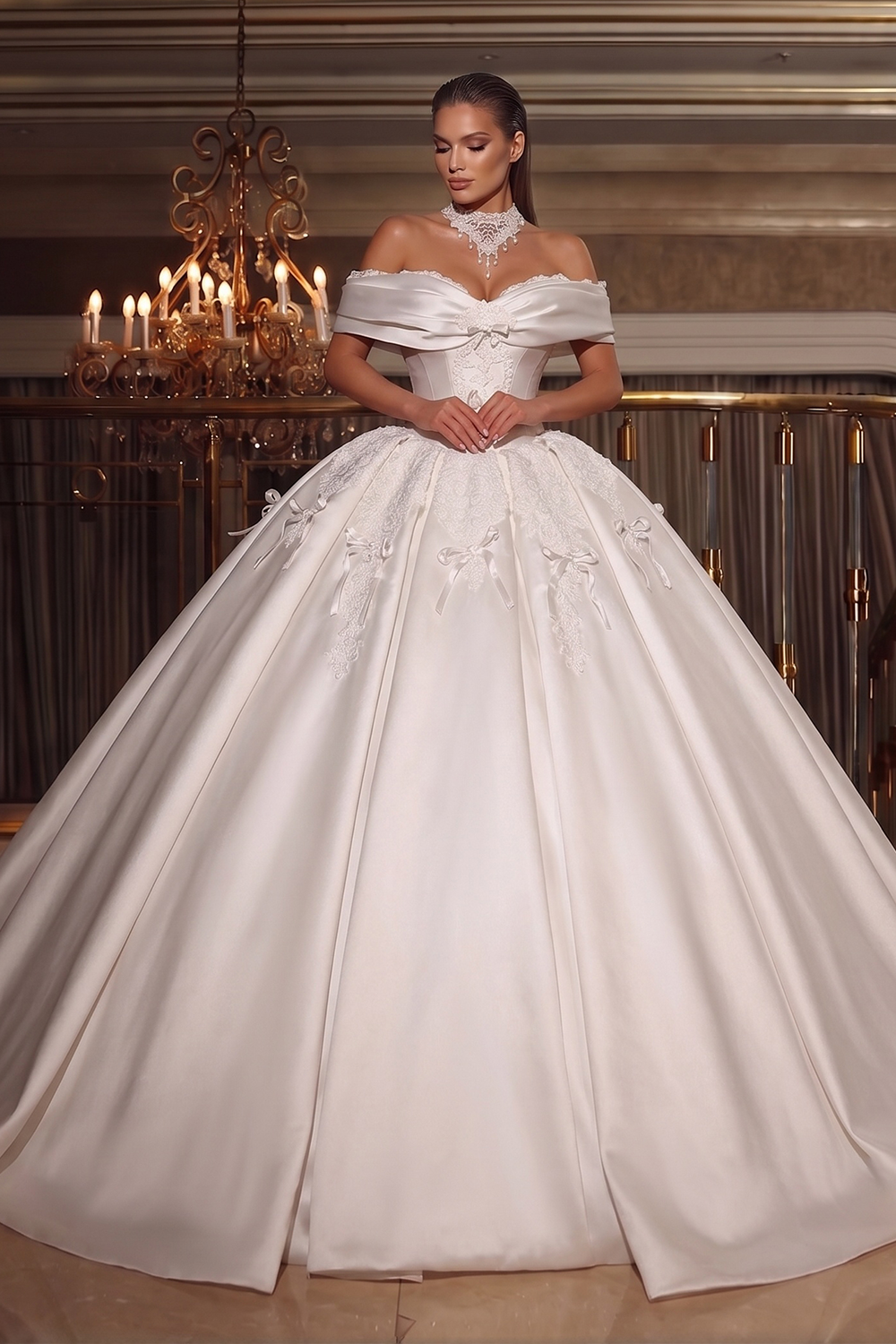 Elegant Ivory Satin Princess Ball Gown Wedding Dress Off the Shoulder with Bow Accent SW675 Sheer Fairy