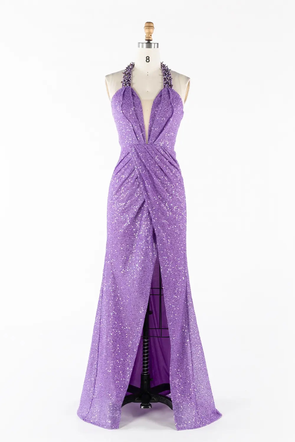 Purple Beaded Halter Neck Sequin High Slit Evening Gown ST056 Sheer Fairy