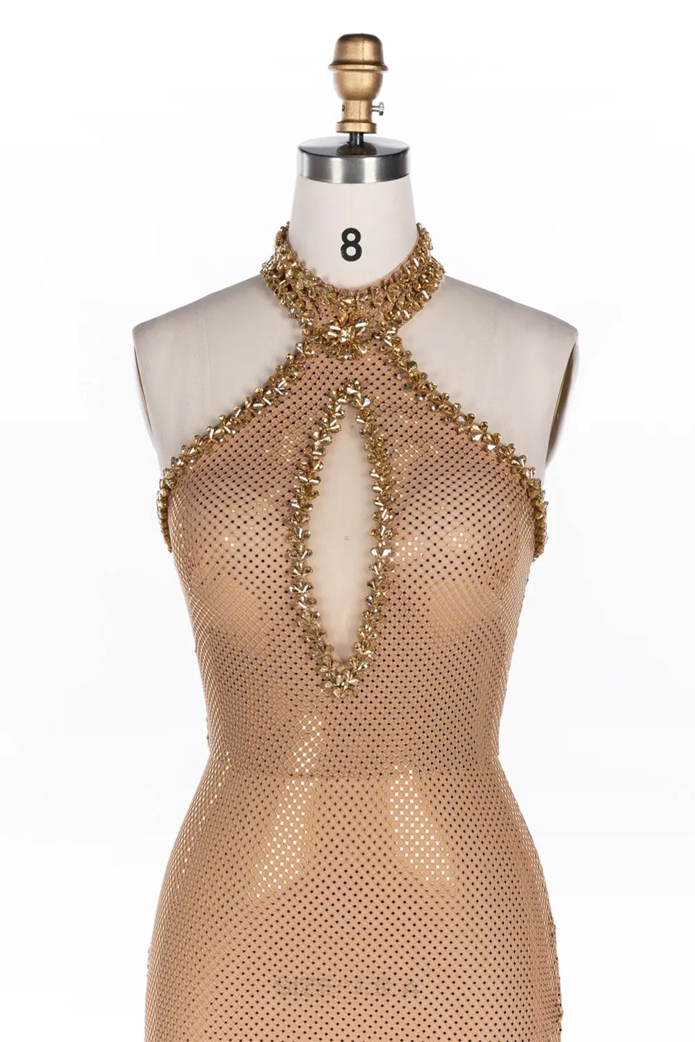 Nude Halter Neck Rhinestone Mesh Keyhole Evening Dress ST055 Sheer Fairy