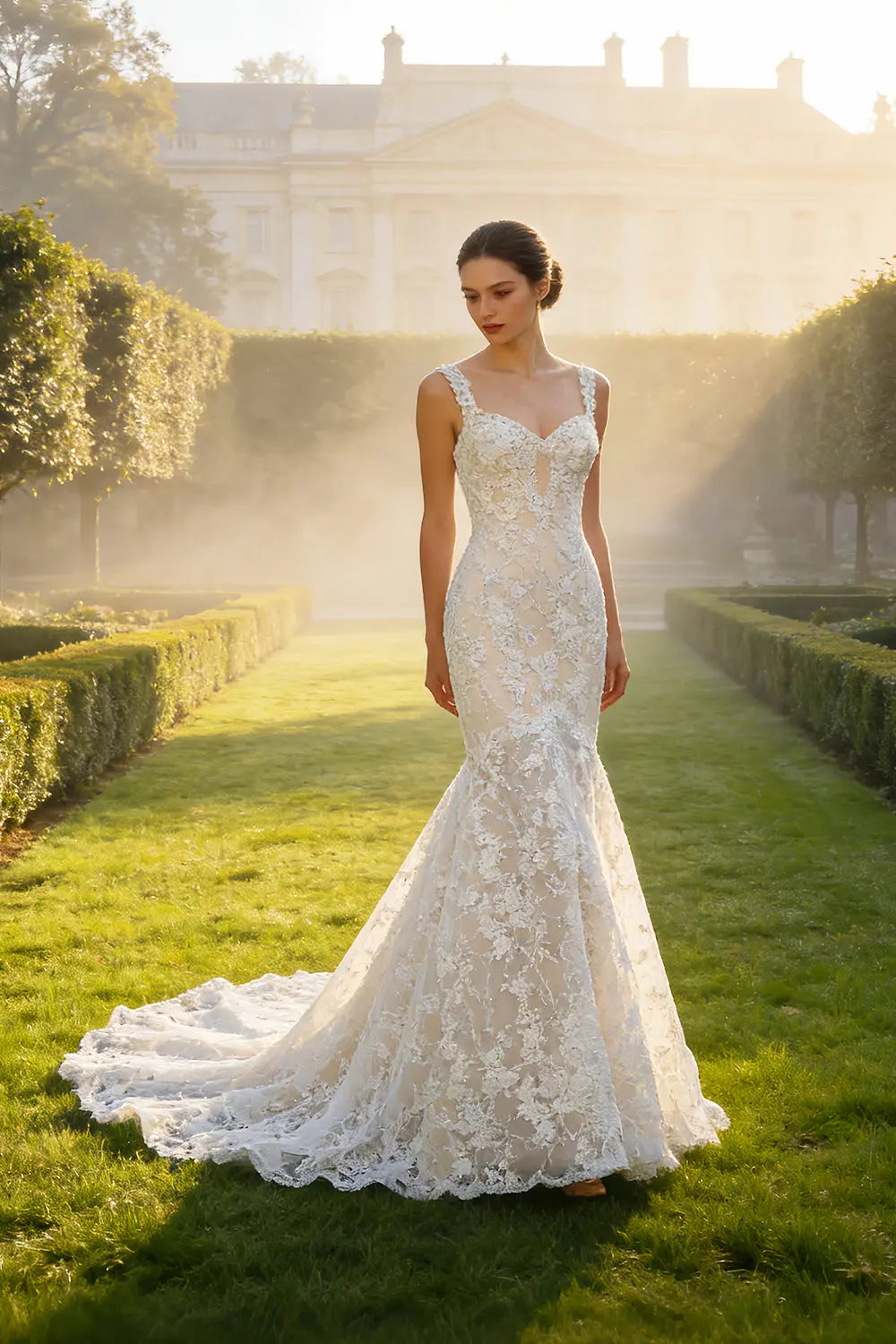 Ethereal 3D Floral Strapless Trumpet Wedding Dress SW657 Sheer Fairy