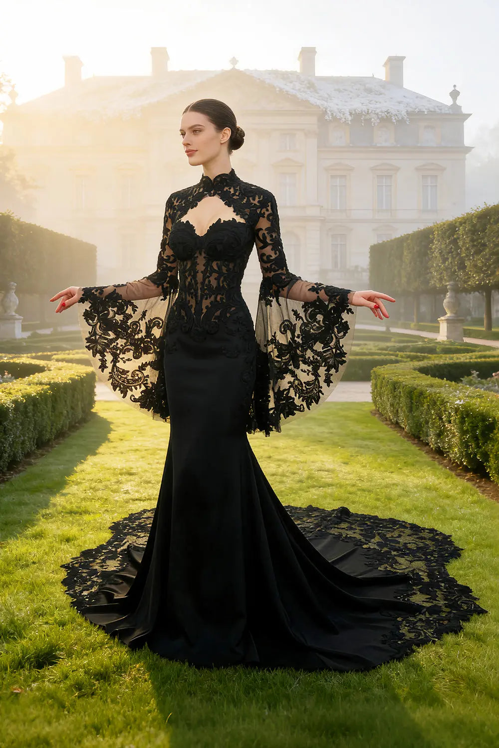 Black Gothic Lace A-Line Mandarin Collar Wedding Dress SW560 Sheer Fairy