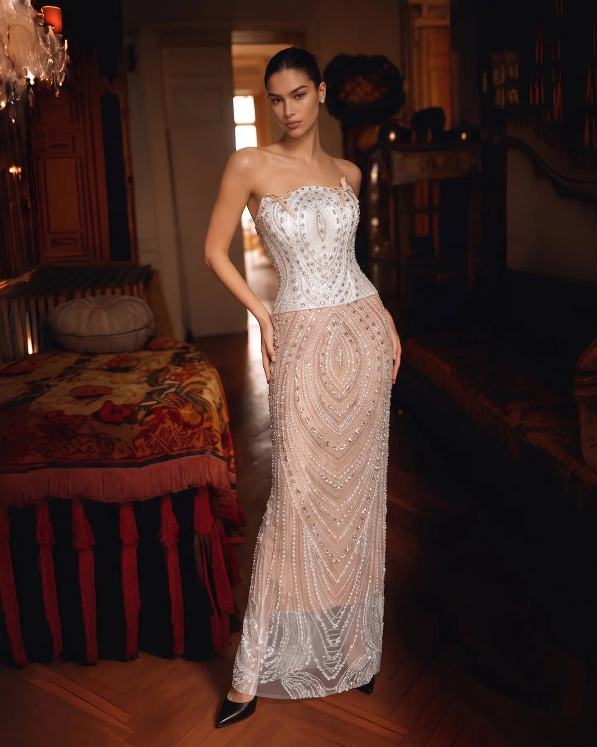White Nude Beaded Corset Strapless Evening Dress ST111 Sheer Fairy
