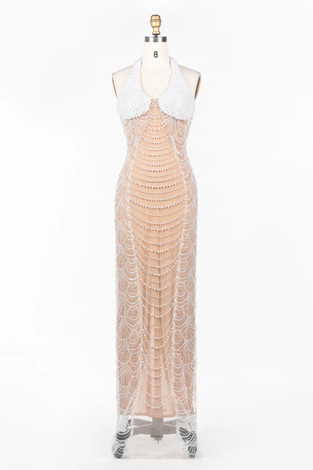 White Nude Beaded Halter Neck Evening Gown ST075 Sheer Fairy