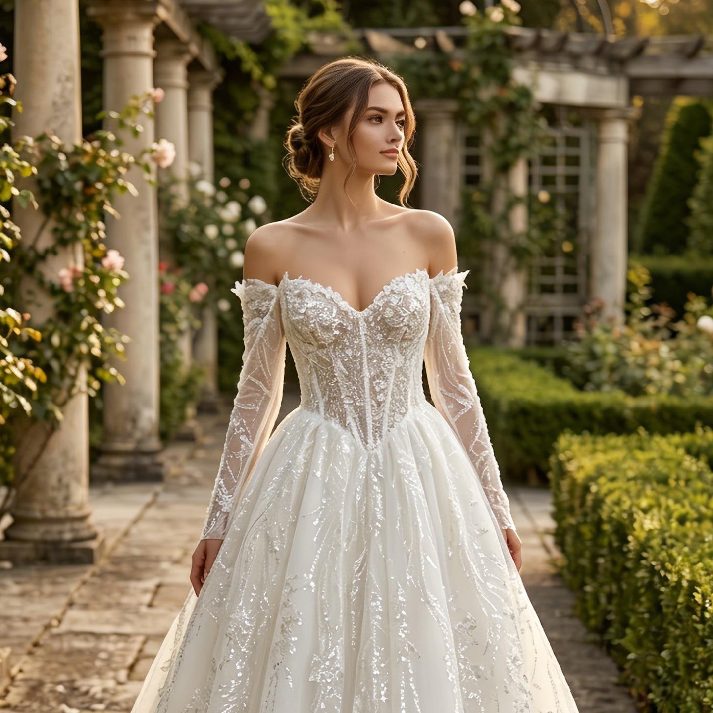 Elegant Off-Shoulder Sequin Lace Wedding Dress with Voluminous Tulle Skirt SW702 Sheer Fairy