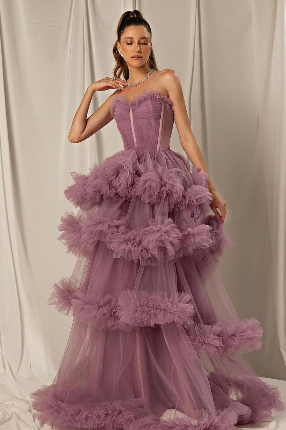 Burgundy Tulle Tiered Ruffles Evening Dresses with Gloves SF472 Sheer Fairy