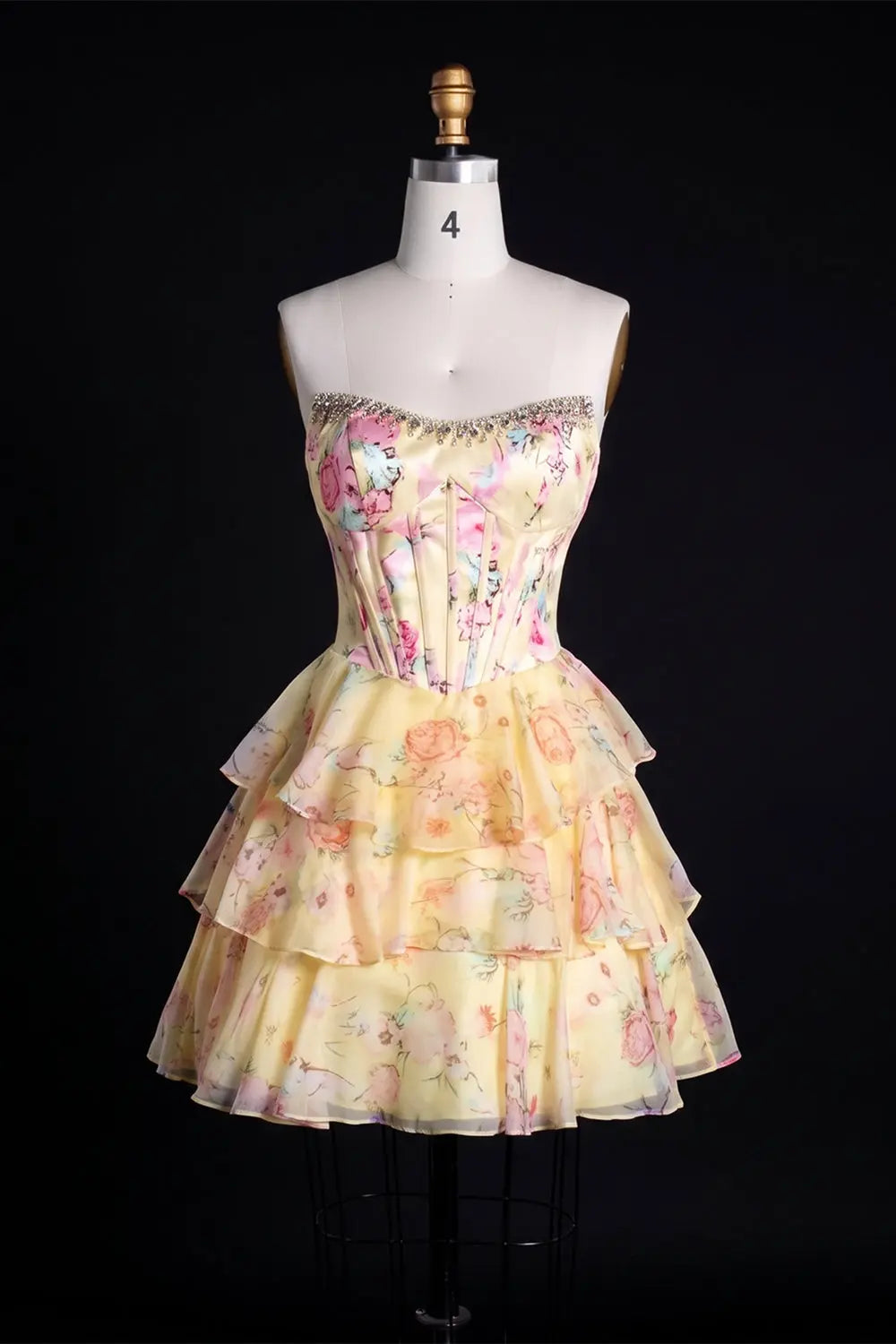 Yellow Floral Beaded Strapless Mini Dress RM197 Sheer Fairy