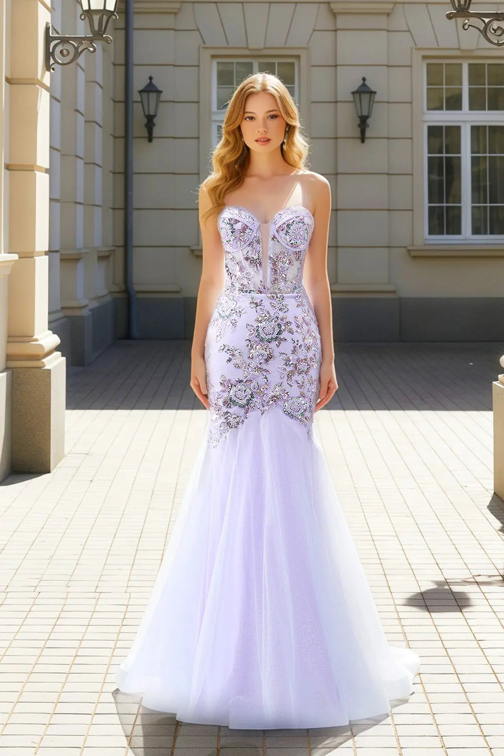 Beaded Lilac Lace Mermaid Strapless Sweetheart Prom Dress SH482 Sheer Fairy
