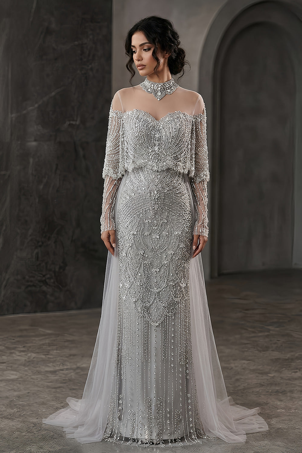 Luxury Champagne Beaded High Neck Cape Sleeve Mermaid Evening Gown SS557 Sheer Fairy