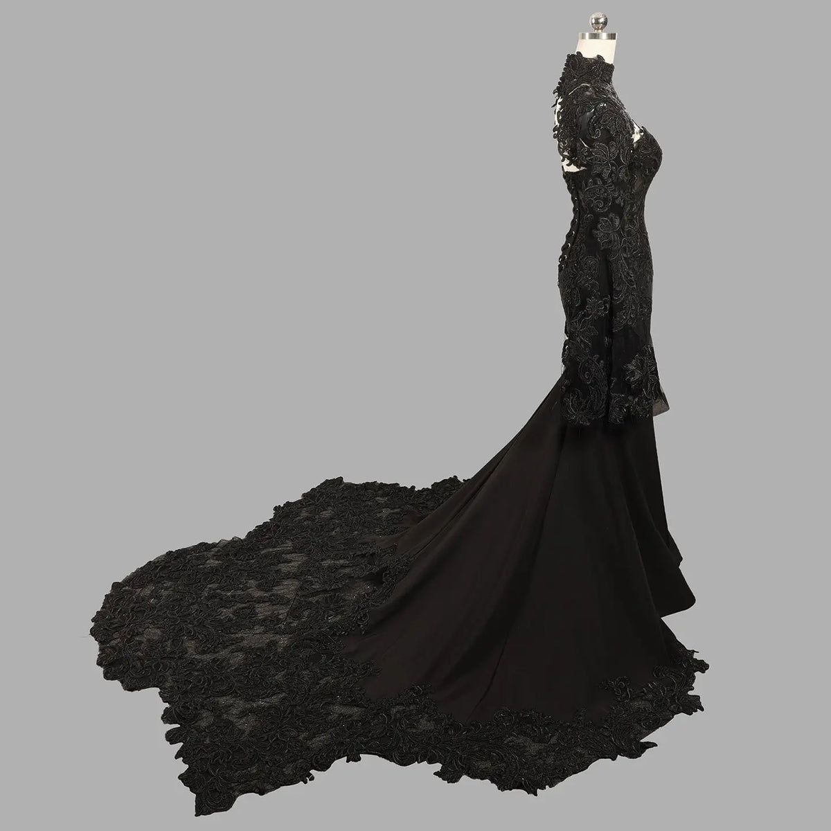 Black Luxury Gothic  Fancy Lace Wedding Dress Mermaid Mandarin Collar  SW562 Sheer Fairy