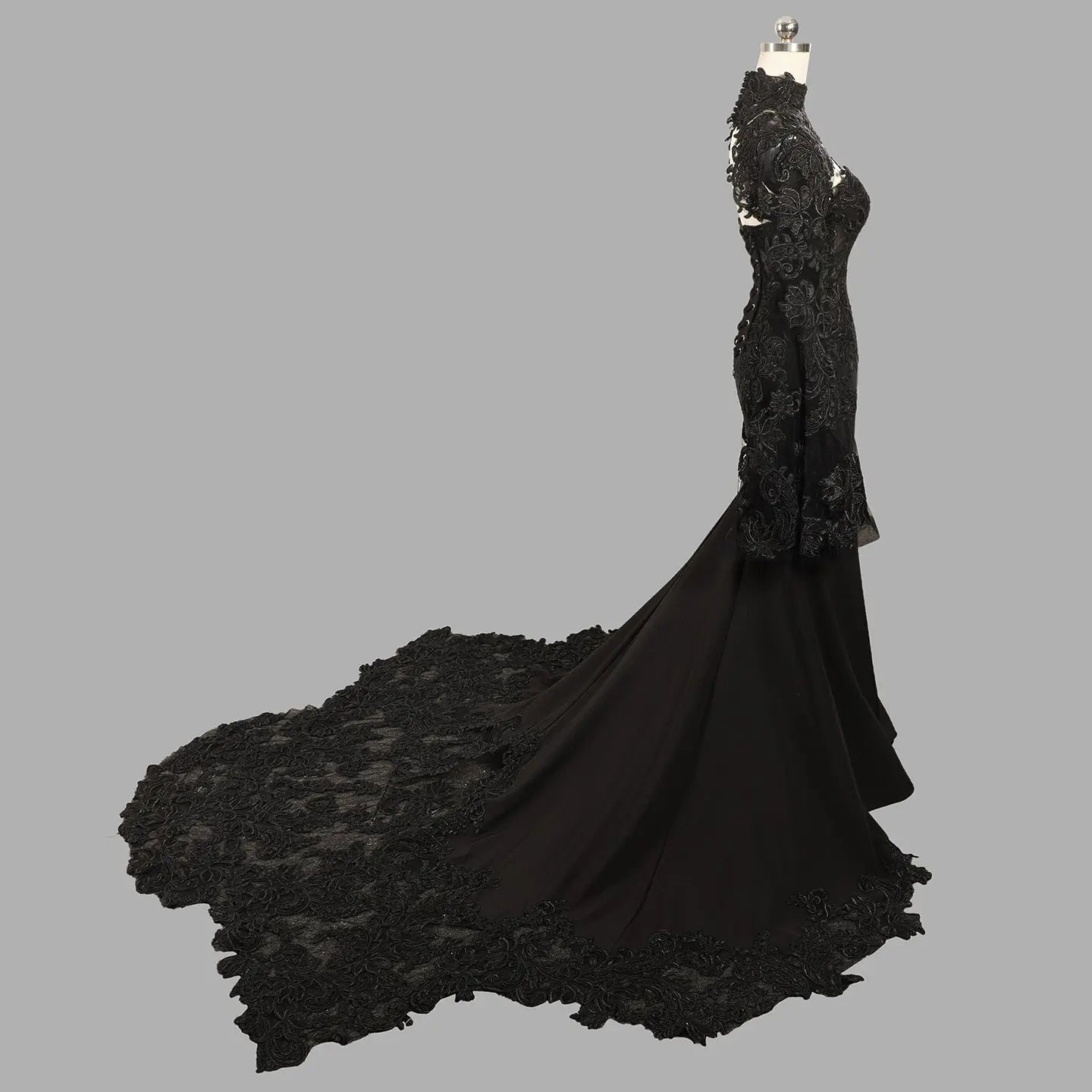 Black Luxury Gothic  Fancy Lace Wedding Dress Mermaid Mandarin Collar  SW562 Sheer Fairy