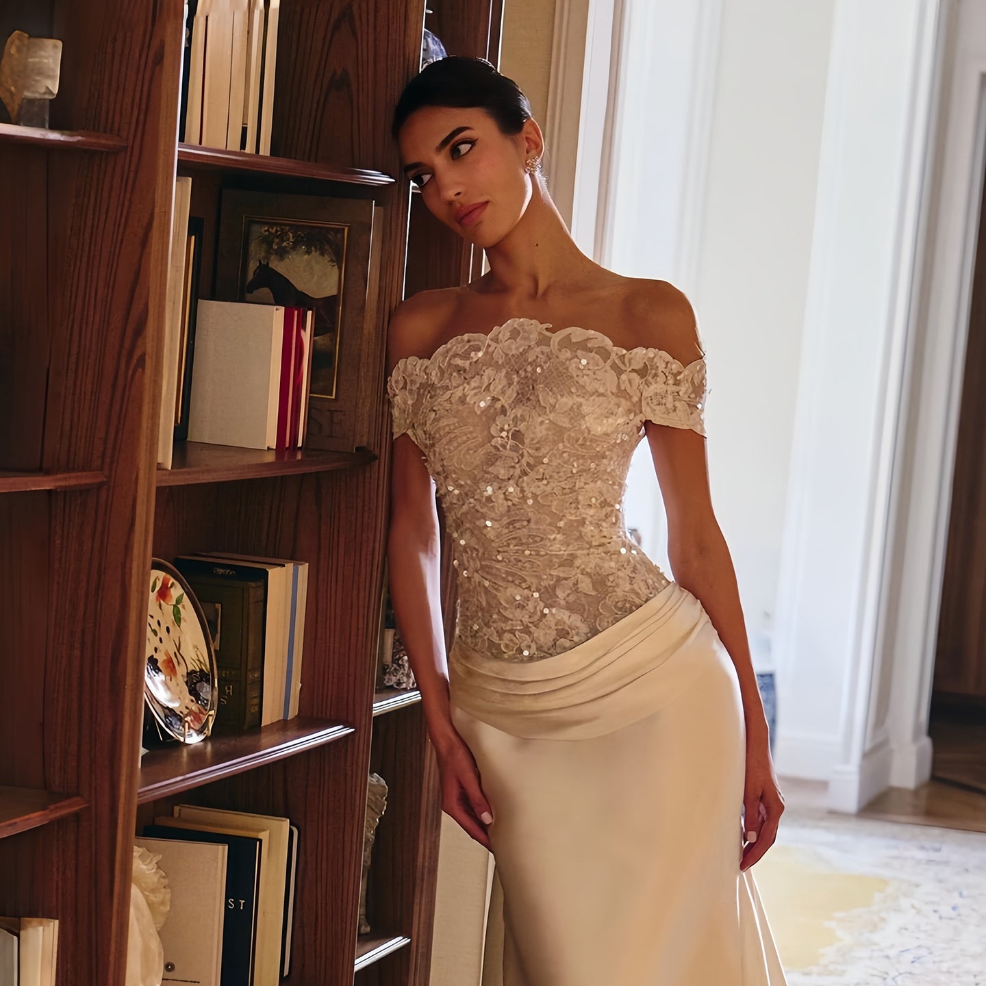 Off-the-Shoulder Lace & Satin Mermaid Wedding Dress with Train & Veil SW231 Sheer Fairy