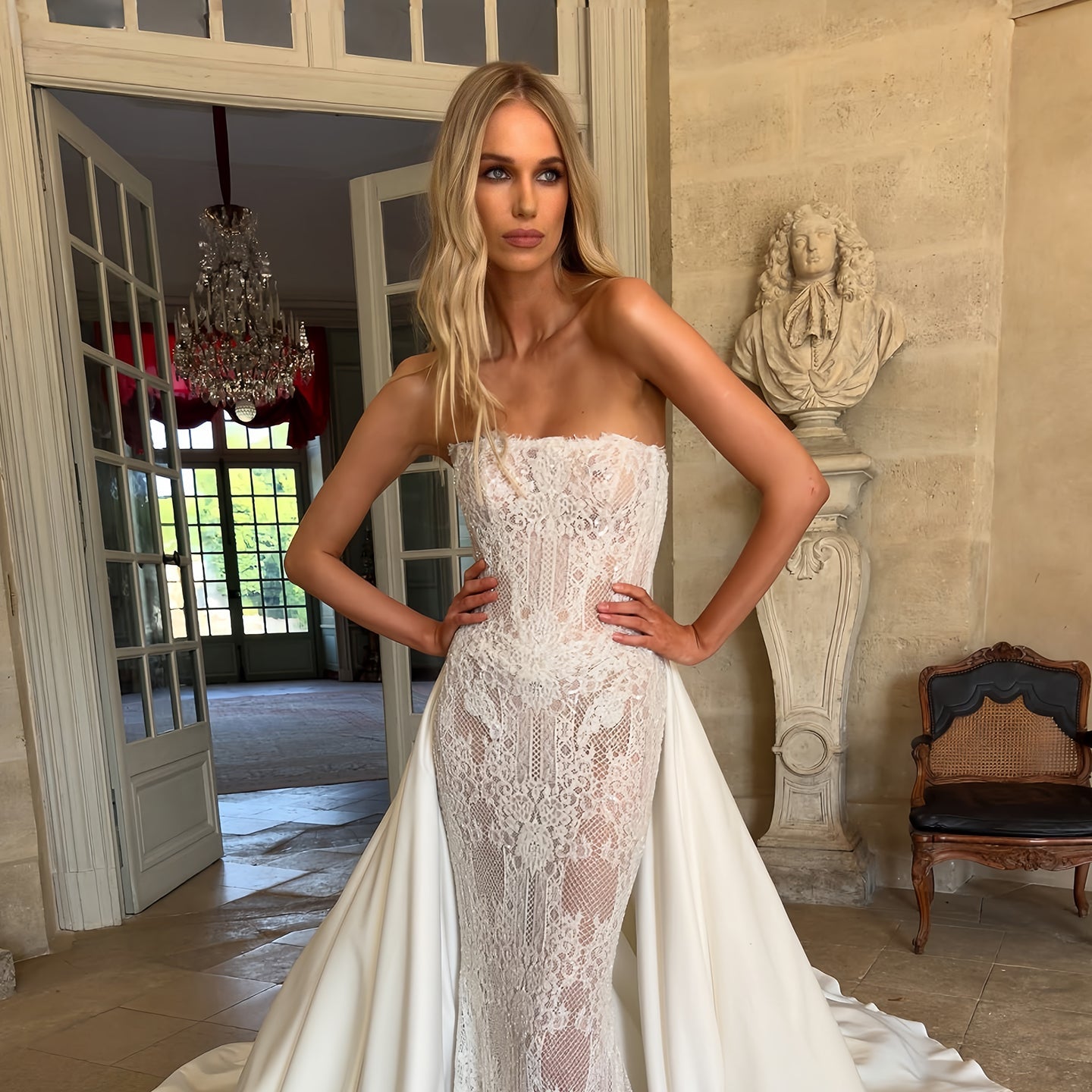 Strapless Lace Mermaid Wedding Dress with Detachable Overskirt SW226 Sheer Fairy