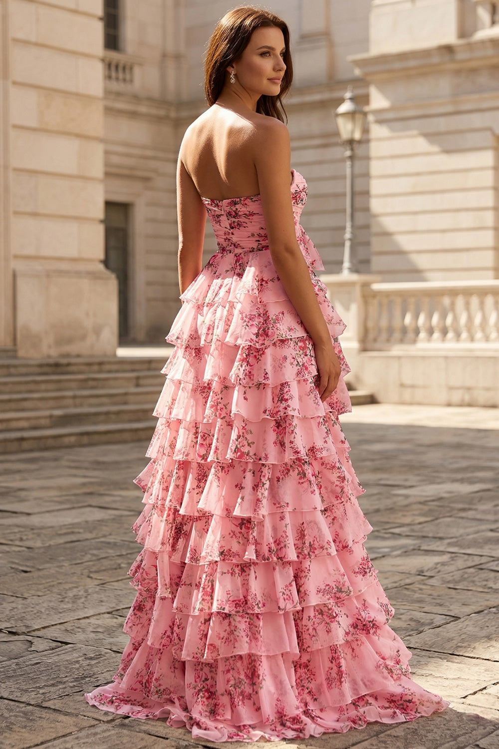 A Line Pink Floral Prom Dresses with Tiered Ruffles SH725 Sheer Fairy