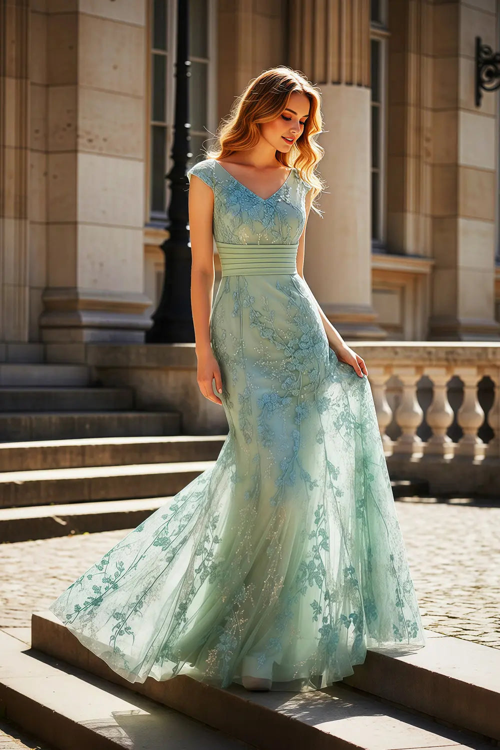 Mint Green Lace V-Neck Sleeveless Mermaid Prom Dress SH462 Sheer Fairy