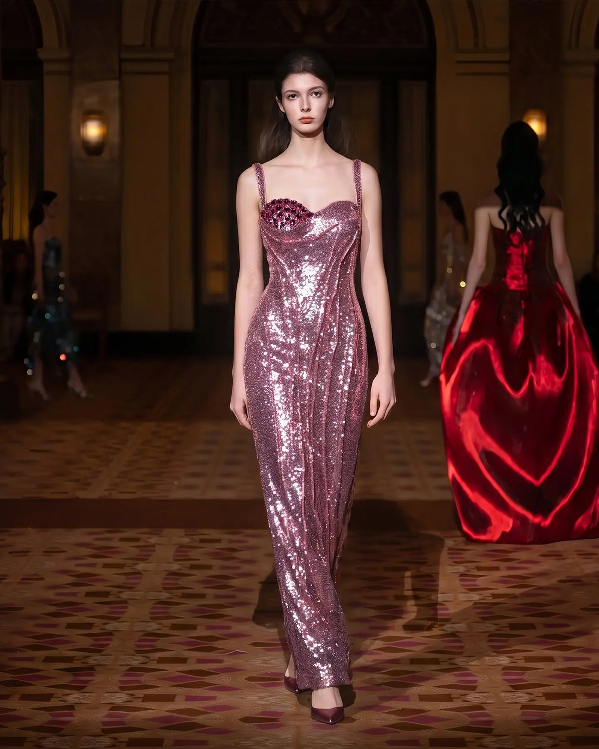 Pink Sequin Crystal Embellished Evening Dress Sheer Fairy
