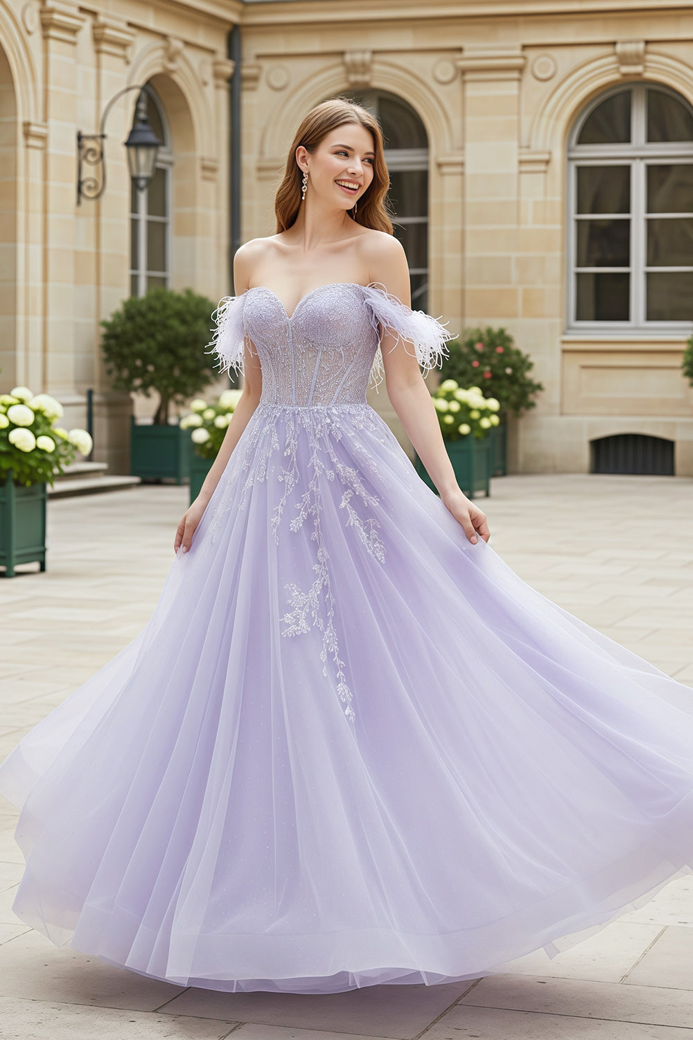 Lavender Tulle Ballgown Lilac Prom Dress with Feather Accents SH231 Sheer Fairy