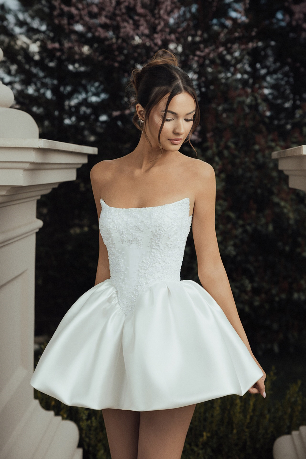White Strapless Corset Bubble Hem Short Wedding Dress SW132 Sheer Fairy