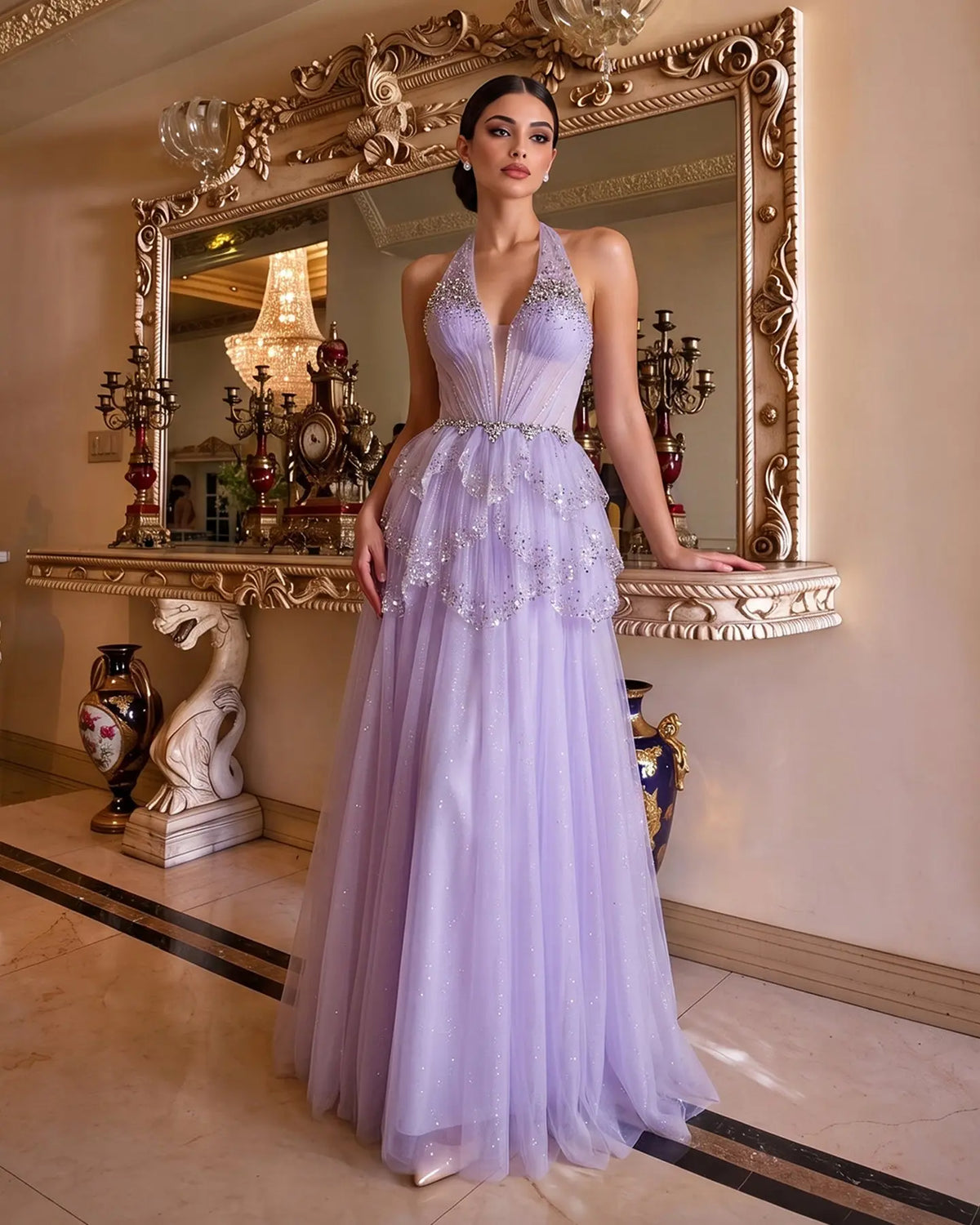 Purple Beaded Sequined Halter Prom Dress SH262 Sheer Fairy