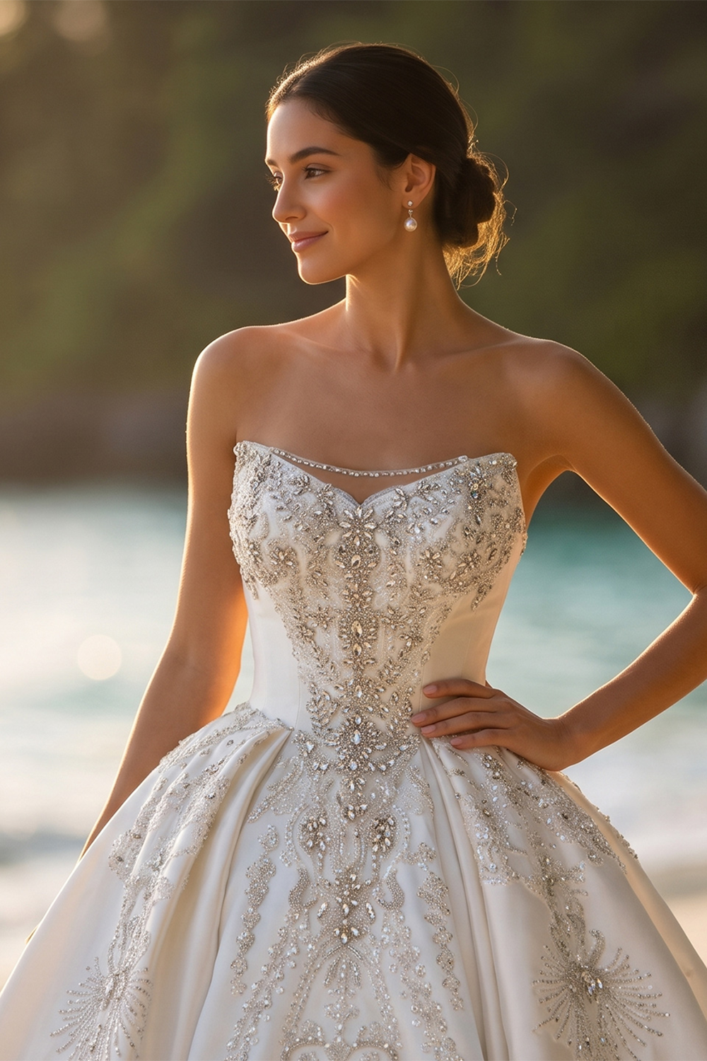 Strapless Ivory Satin Princess Ball Gown Wedding Dress with Heavy Beading and Long Train SW676 Sheer Fairy