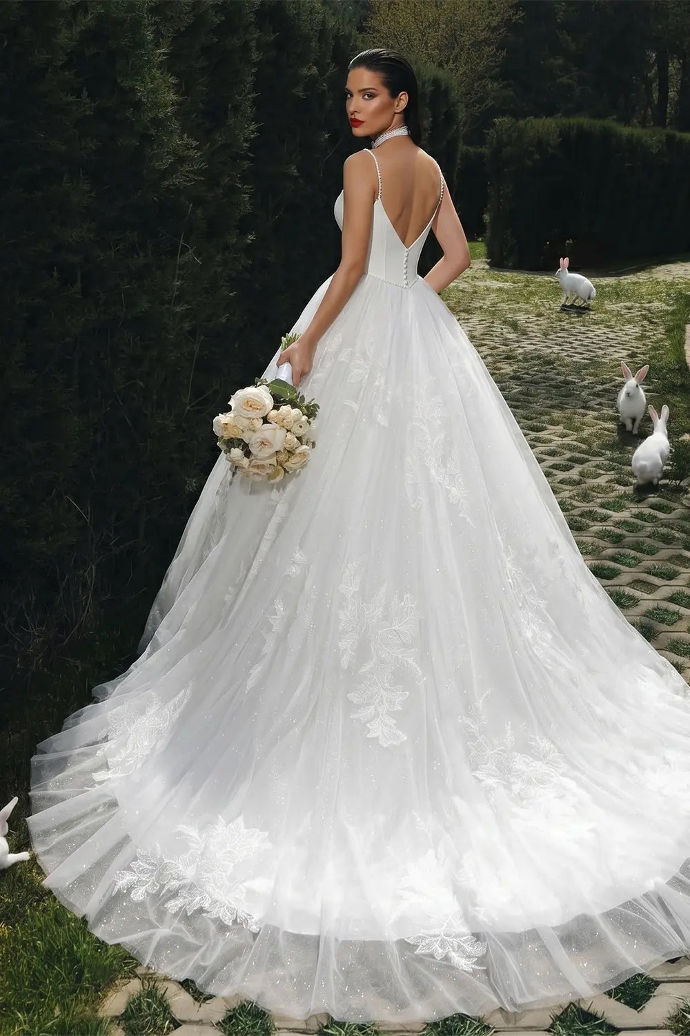 Elegant Corset Bodice A-Line Wedding Dress with Floral Lace Appliques & Cathedral Train SW705 Sheer Fairy