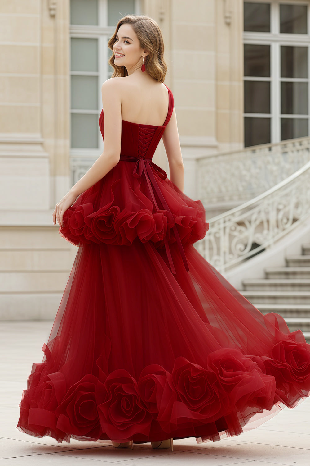 Modest Red One-Shoulder Ballgown Prom Dress with Ruffled Tulle SH360 Sheer Fairy