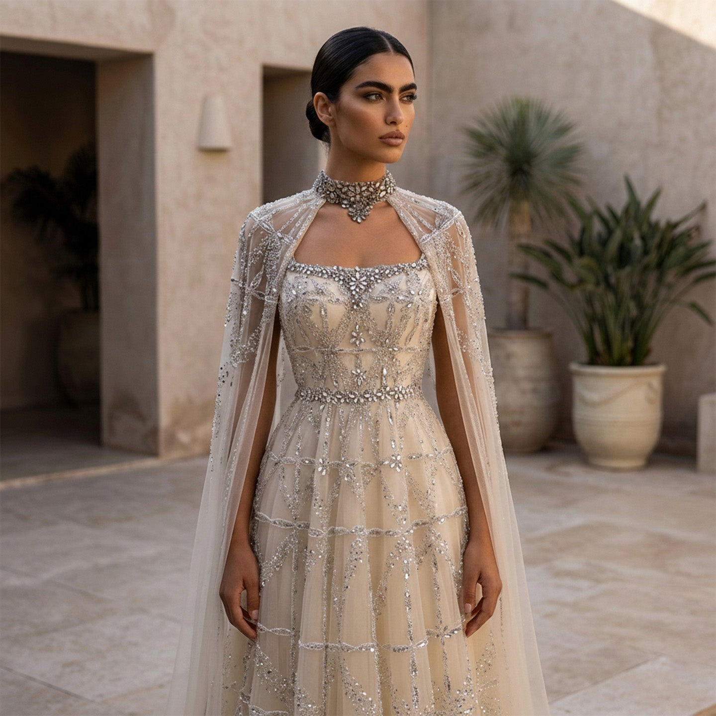 Luxury Cream Beaded A-Line Evening Gown with Sheer Cape SS486 Sheer Fairy