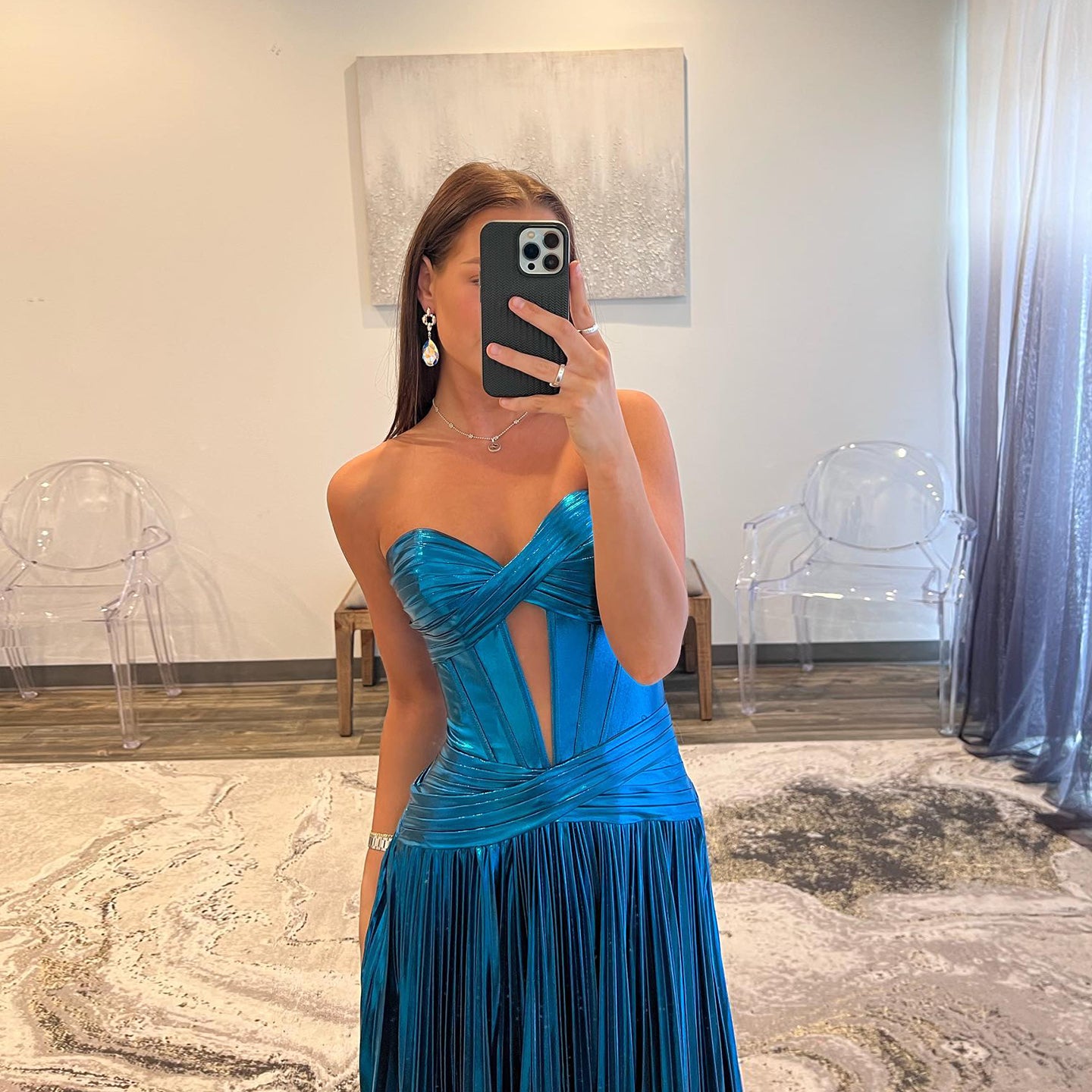 Teal Metallic Strapless A-Line Evening Dress SH155 - SHEER FAIRY