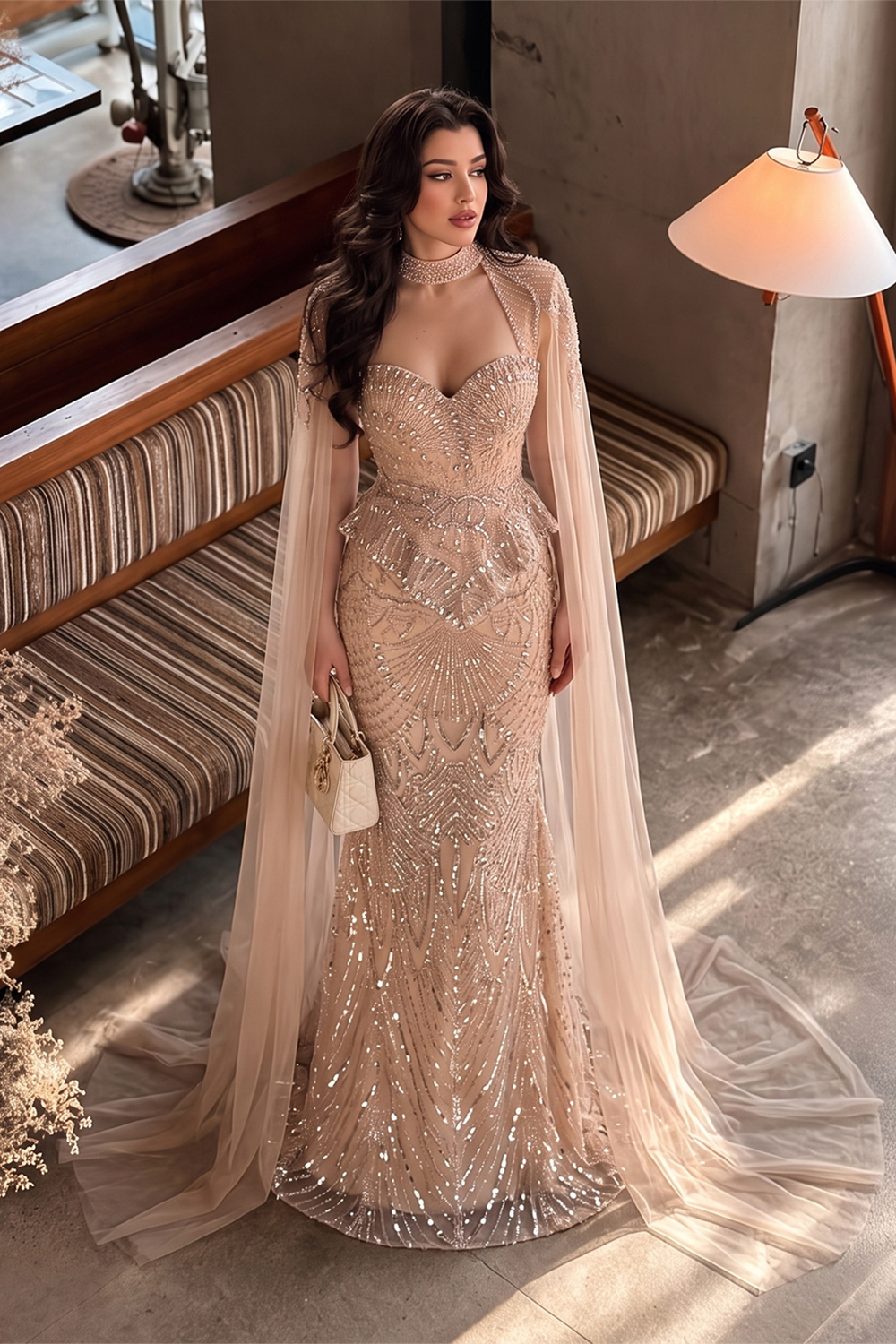Champagne Beaded Sheer Corset Evening Gown with Draped Cape & Pleated Skirt SS018 Sheer Fairy