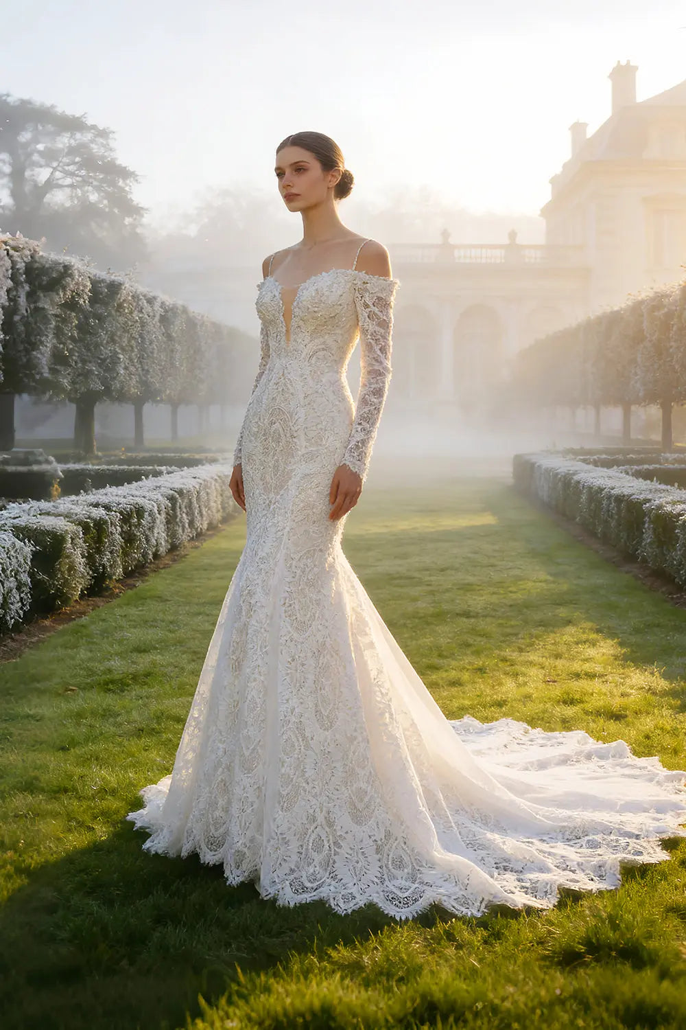 Flattering Long Sleeve Trumpet Mermaid Wedding Dress SW656 Sheer Fairy