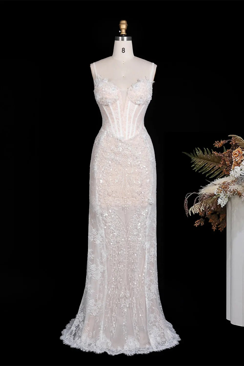 White Floral Applique Corset Evening Gown ST104 Sheer Fairy