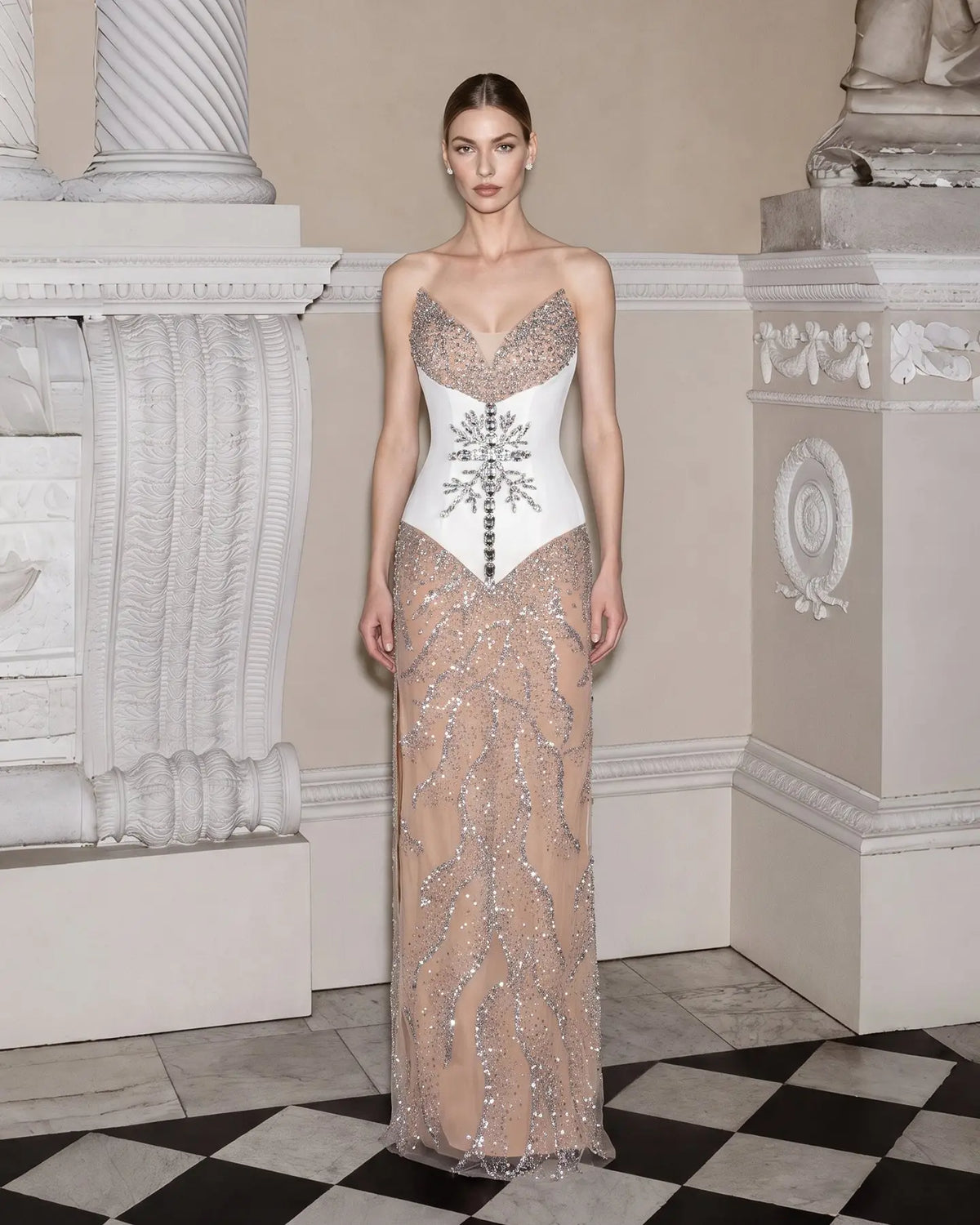 White Nude Sequin Diamond Formal Evening Dress ST107 Sheer Fairy