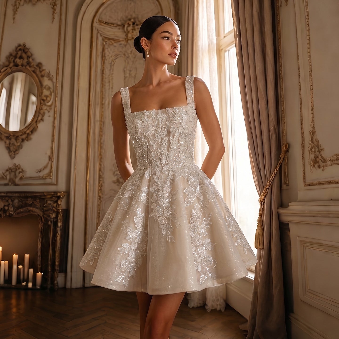 Romantic Floral Lace Wedding Dress with Tulle Skirt SW725 Sheer Fairy