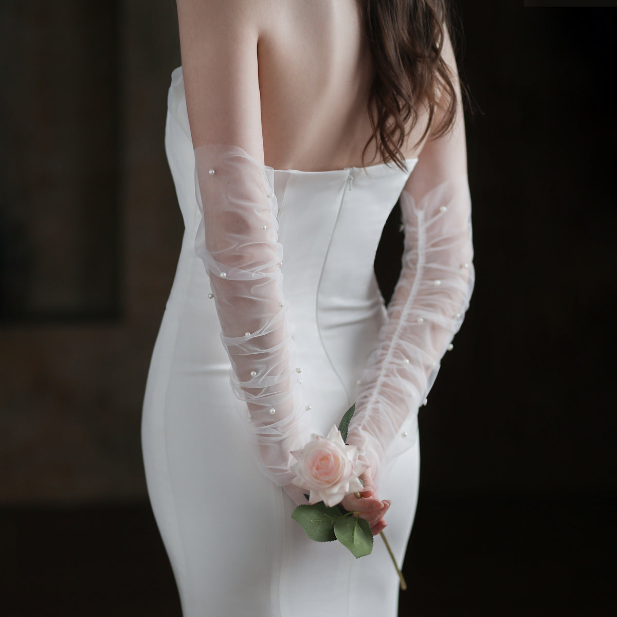 Elegant Sheer Tulle Pearl Beaded Bridal Gloves Ruched Long Wedding Sheer Gloves for Women GL006 SHEER FAIRY