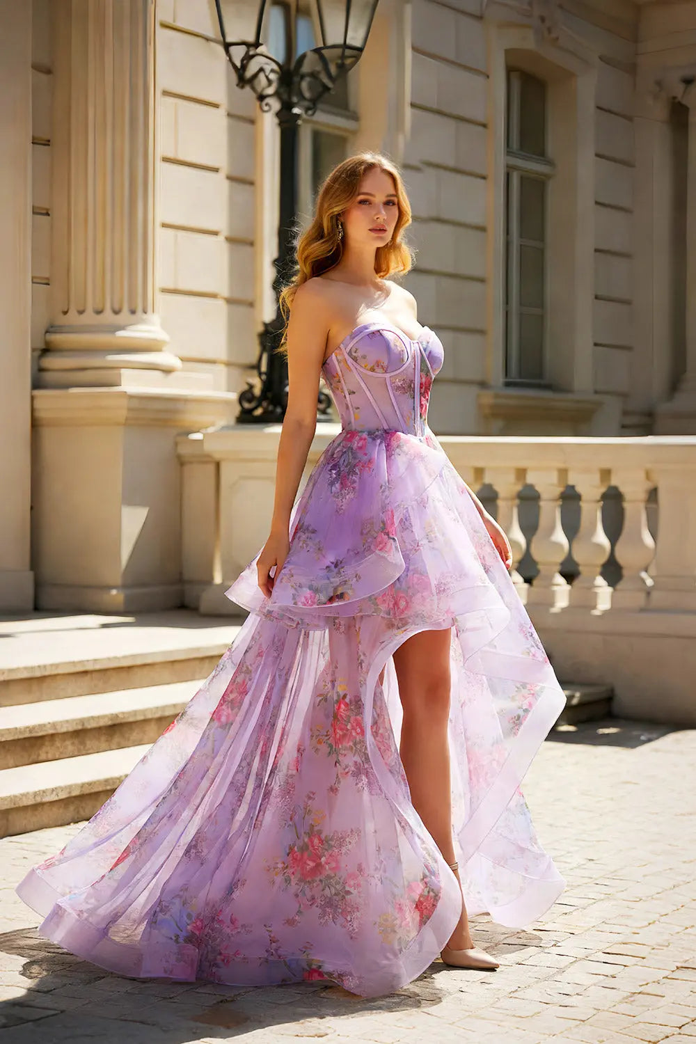 Lavender Floral Tulle A-Line High-low Tiered Lilac Prom Dress SH478 Sheer Fairy