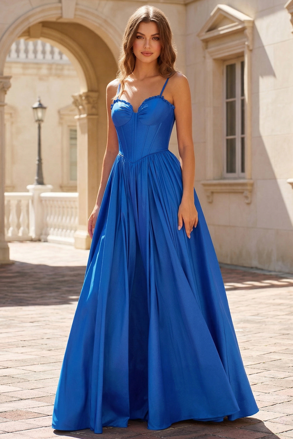Spaghetti Strap Long Satin Royal Blue Prom Dress SH723 Sheer Fairy