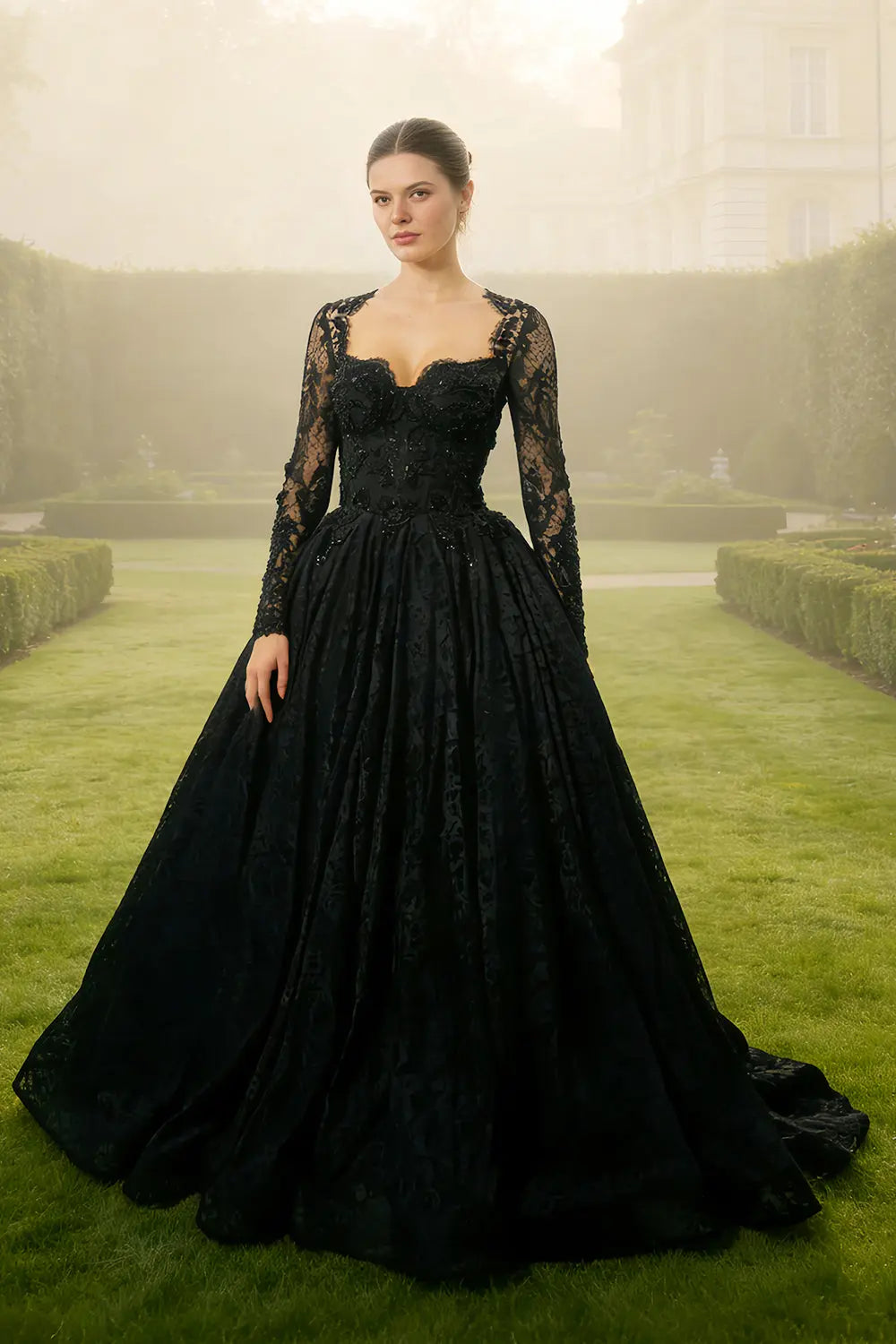 Black Gothic Off-Shoulder Lace Long Sleeves Wedding Dress SW557 Sheer Fairy