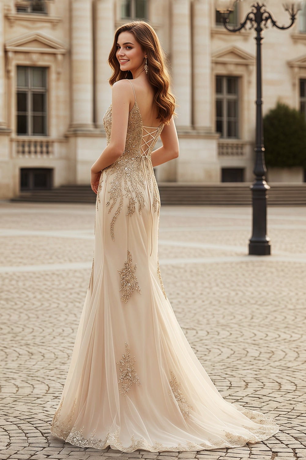 Champagne Gold Beaded Deep V-Neck Mermaid Prom Dress SH505 Sheer Fairy